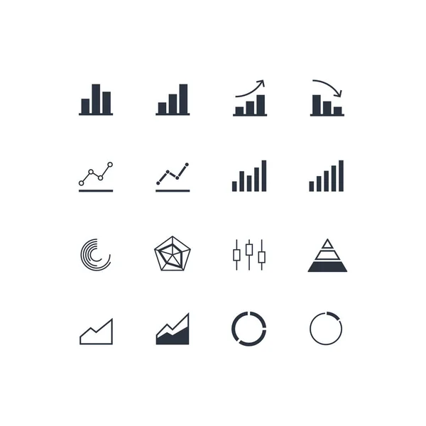 Ilustración de diagrama de diagrama plano vectorial. Columna negra, barra, tarta, radar e iconos piramidales aislados sobre fondo blanco. Concepto de estadísticas financieras, análisis. Elemento de diseño para ui, informe, web . — Archivo Imágenes Vectoriales