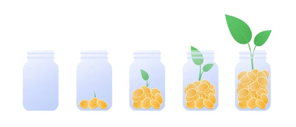 Vector coin money in jar flat illustration. Set of glass full of coin isolated on white background. Design element for banner, poster, website, bank, game. Concept of financial investment, pension. — Stock Vector
