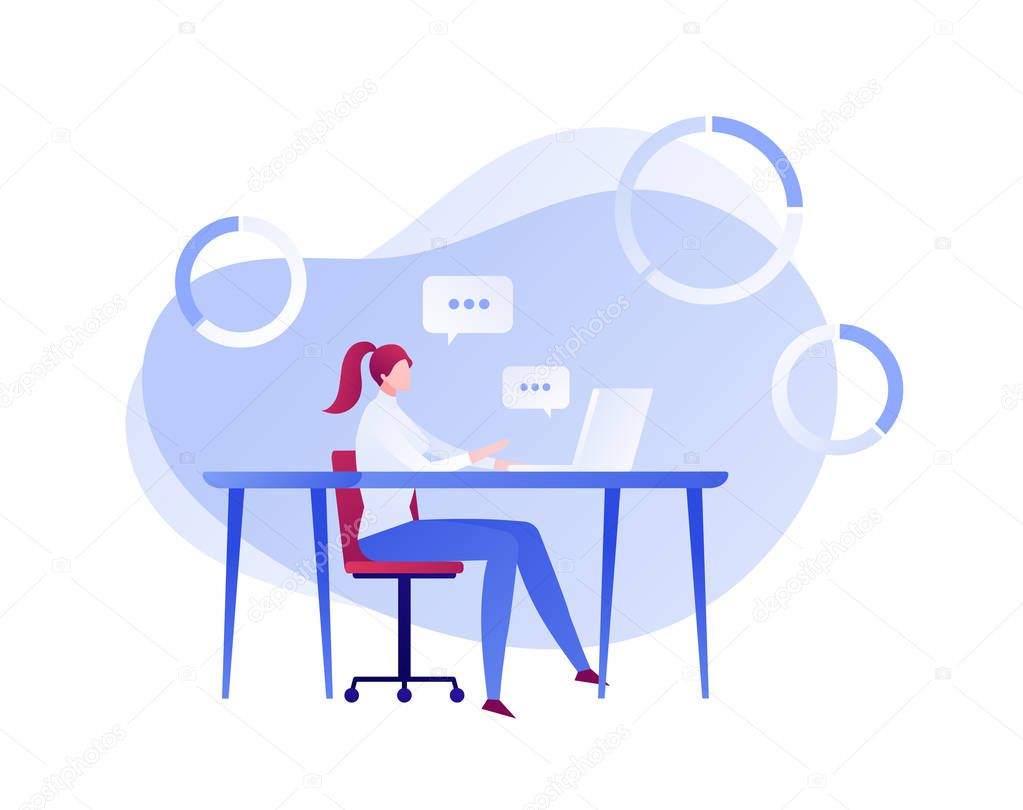 Vector flat business analytics person illustration. Female sitting with laptop, diagrams and talk bubbles. Concept of freelance work, consulting. Design element for banner, poster, card, flyer, web