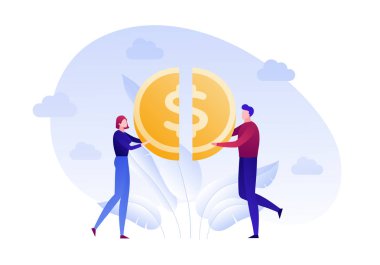 Vektör düz aile para tasarrufu kişi illüstrasyon. Erkek ve kadın afiş, poster, web, infographic için beyaz arka plan Tasarım elemanı izole yarım sikke tutan. Finansal istihbarat kavramı