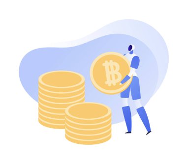Vektör düz kripto para birimi kişi iş illüstrasyon. Beyaz arka planda izole bitcoin sikke sembolü tutan robot. Afiş, poster, web, infografik için tasarım öğesi. Traiding ai kavramı