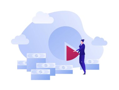 Vektör düz iş analitiği kişi illüstrasyon. Büyük pasta grafiği ve beyaz arka planda izole edilmiş para paketi olan kadın. Pazarlama kavramı, pazar analizi. Afiş, poster, web için tasarım öğesi