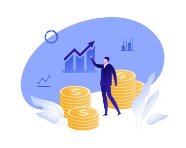 Vektör düz iş analitiği kişi illüstrasyon. Adam ok ile büyüme grafiği gösteren. Analitik kavramı, danışmanlık. Afiş, poster, infografik, web için tasarım öğesi.