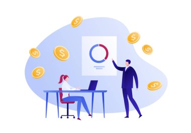 Vektör düz iş işbirliği kişi illüstrasyon. Erkek poster üzerinde pasta grafik ve para üzerinde dizüstü bilgisayar ile kadın arka plan düşmek. Banner, infographics, web için tasarım öğesi