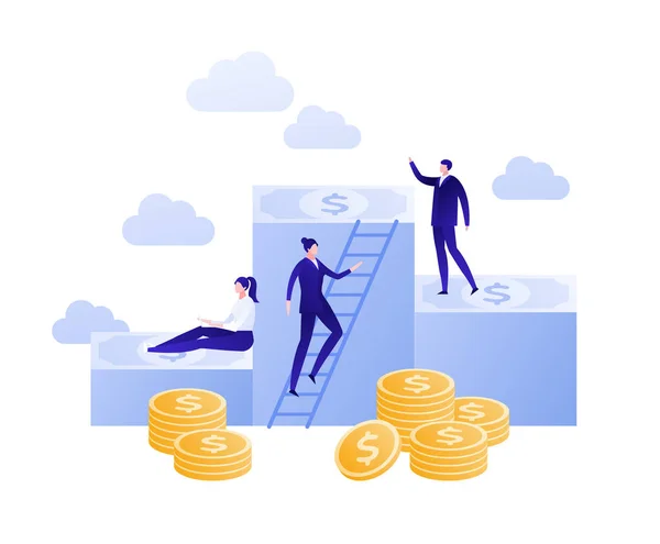 Vector flat business teamwork success person illustration. Male and females on banknote stacks with staircase. Concept of financial ascend, growth. Design element for banner, poster, infographic, web.