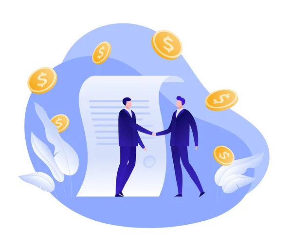 Vector flat business cooperation person illustration. Two male handshake money fall and paper symbol. Concept of success teamwork partnership. Design element for banner, poster, infographics. — Stock Vector