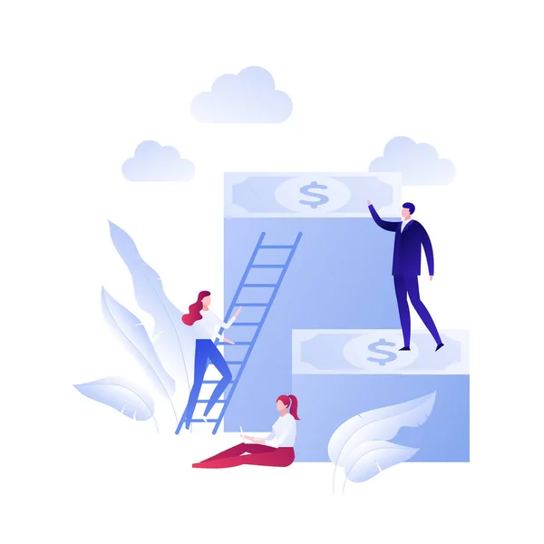 Ilustração de pessoa de sucesso de trabalho em equipe de negócios plana vetorial. Homem e mulher na montanha de notas. Conceito de startup financeira, crescimento. Elemento de design para banner, cartaz, infográfico, web . —  Vetores de Stock