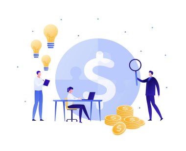 Vektör düz iş yapbozu çizimi. İş adamı erkek ve kadın takım balon fikri, dolar, büyüteç ve dizüstü bilgisayar işaretleri. Pankart, poster, bilgi ve web için tasarım ögesi.