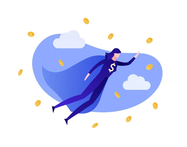 Vektor platt företag hjälte människor illustration. Kvinna undrar kvinna flyger i pengar regn med dollar tecken isolerad på blå himmel bakgrund. Design element för banner, affisch, webb, inforgraphics. — Stock vektor