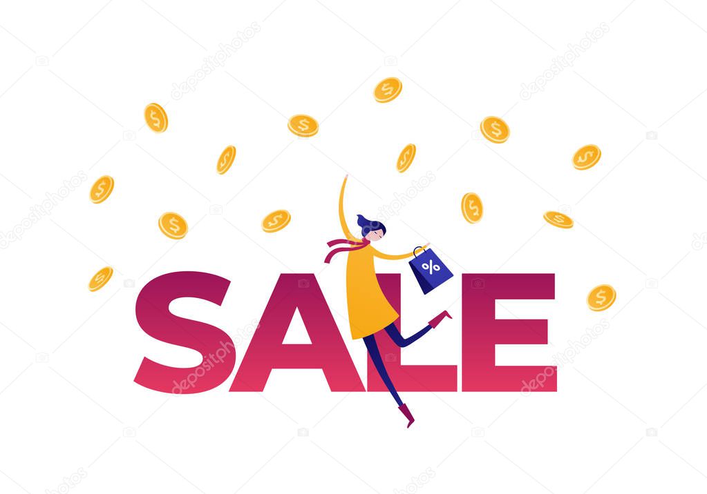 Vector flat autumn sale people illustration. Female with discount shopping bag in coat and scarf joy in money rain with red text on white. Design element for banner, poster, web, inforgraphic, leaflet