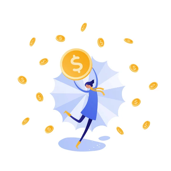 Vektor platt höst försäljning människor illustration. Kvinna med paraply och dollar mynt dans i pengar regn isolerad på vit bakgrund. Design element för banner, affisch, webb, inforgraphics, broschyr. — Stock vektor