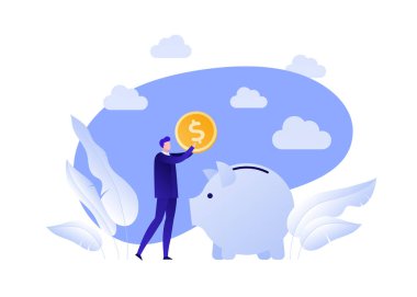 Daire dairesi domuz kumbarası parası illüstrasyondan tasarruf sağlar. Mavi arka planda para ve domuz tutan bir iş adamı. Bankacılık, gelir mevduatı, emeklilik. Pankart, poster, bilgi grafikleri için tasarım ögesi.