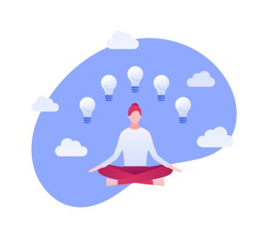 Vektör düz fikir meditasyon çizimi. Gökyüzü arka planında ampul sembolleri olan oturan kadın. Yaratıcılık kavramı, yaşam iş dengesi, farkındalık bayrak, poster, bilgi grafiği için tasarım unsuru