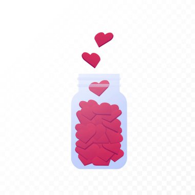 Düz romantik kupa çizimi kavanozu. Şeffaf arka planda izole edilmiş, cam bir kalp şişesi. Aşk tatili kavramı, hayırseverlik. Pankart, poster, sevgililer günü için tasarım ögesi.