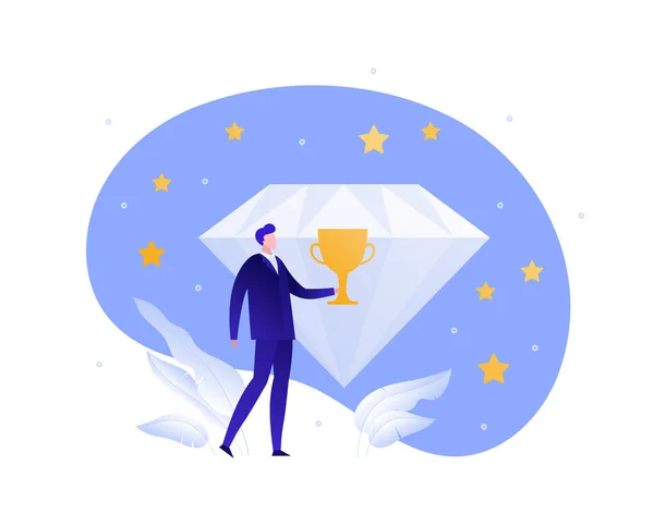 Vector plana negócios troféu pessoas ilustração. Homem de negócios segurando troféu no fundo do céu de diamante e estrela. Conceito de ganhar, prêmios, prêmio. Elemento de design para banner, cartaz, infográficos . —  Vetores de Stock