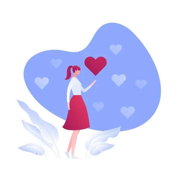 Vettoriale appartamento romantico amore persone illustrazione. Ragazza Yound tenendo grande cuore rosso su sfondo cielo con cuori a forma di nuvole. Concetto di primo amore. Elemento di design per banner, poster, biglietto di auguri . — Vettoriale Stock