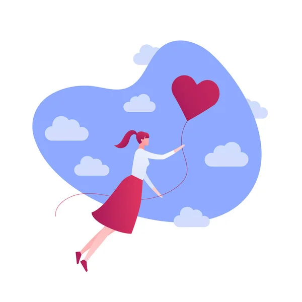 Vector flat romantic love people illustration. Yound girl flying on red heart balloon on sky background. Concept of first love, following dream. Design element for banner, poster, valentine, card. — Stock Vector