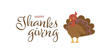 Vektör Şükran Günü afişi yatay şablon çizimi. Beyaz arkaplanda hindi işareti olan metin. Renkli sezon tatili posteri, tebrik kartı, gömlek baskısı için tasarım.