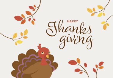 Vektör Şükran Günü afişi yatay şablon çizimi. Üzerinde hindi sembolü ve gri arkaplanda renk yaprakları olan metin. Renkli sezon tatili posteri, tebrik kartı, gömlek baskısı için tasarım.