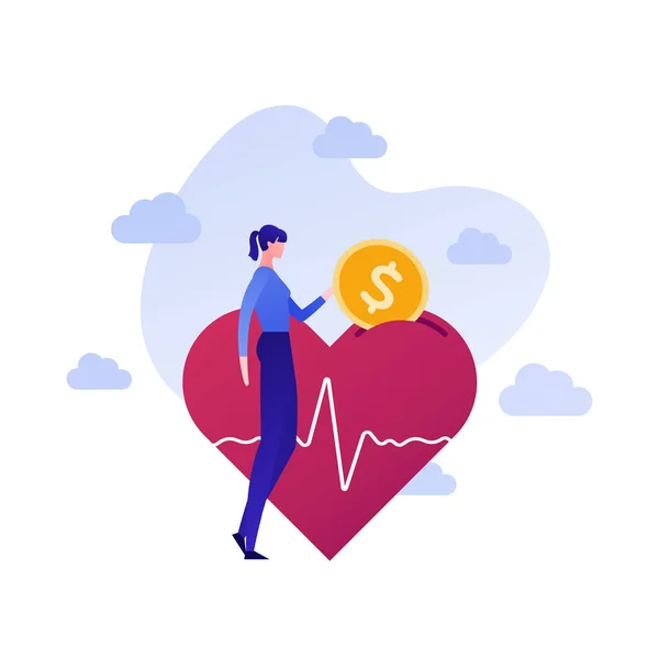 Vector plana caridad dinero gente ilustración. Donar moneda femenina a la caja de donación en forma de corazón. Concepto de asistencia social, seguro de salud, protección. Elemento de fondo de diseño para banner, cartel — Archivo Imágenes Vectoriales