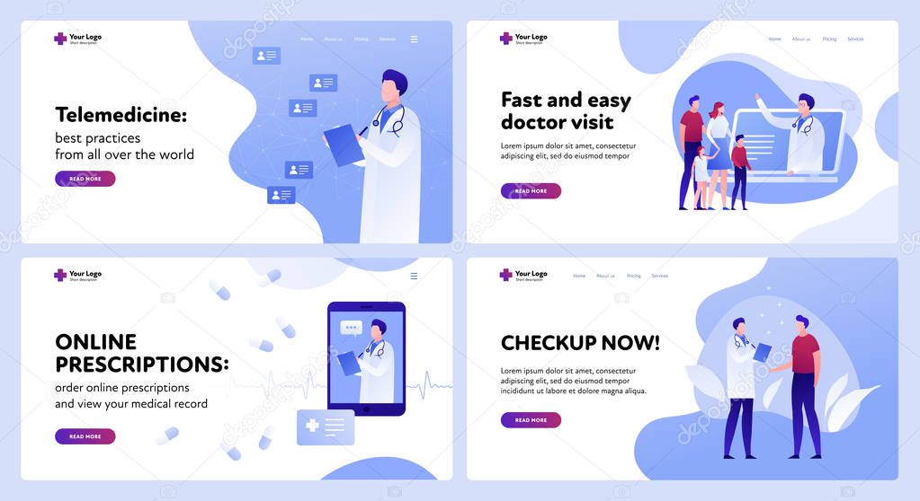 Vector flat medicine landing page template set. Illustration of modern telemedicine subject. Concept of medical online services, prescription. Design for website, app, banner, poster.