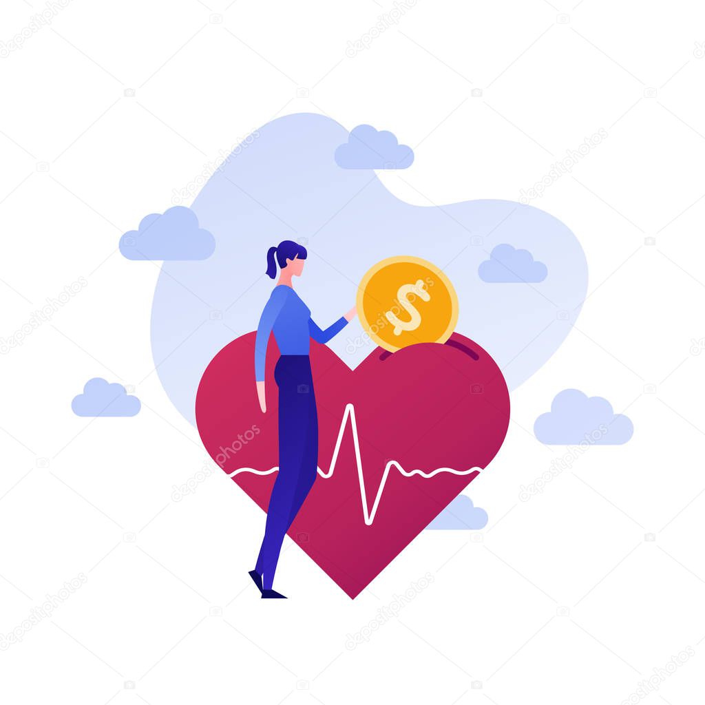Vector flat charity money people illustration. Female donate coin to heart shape donation box. Concept of social care, insurance healthcare, protection. Design background element for banner, poster