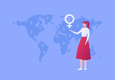 Vektör yassı kadın güçlendirme çizimi. Küresel dünya haritası geçmişinde giyinmiş kadınlar. Uluslararası feminizm kavramı, yürüyüş, kardeşlik. Pankart, poster, ağ, bilgi grafikleri için tasarım ögesi.