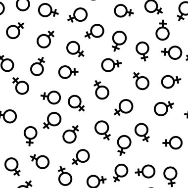 Vektör düz kadın sembolü kusursuz şablon çizimi. Beyaz arka planda siyah kadın işareti var. Feminizm ve arkadaşlık kavramı. Döşeme kağıdı, desen, baskı, tekstil tasarımı.