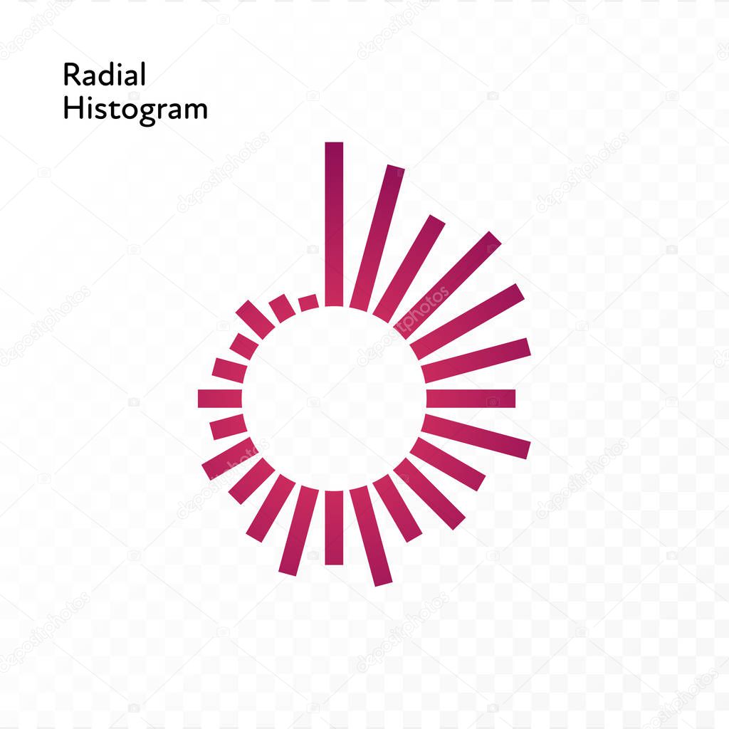 Vector color flat chart diagram icon illustration. Red thin colums on radial histogram. Round isolated on transparent background. Design element for comparison, statistics, analitics, ui, report, web.