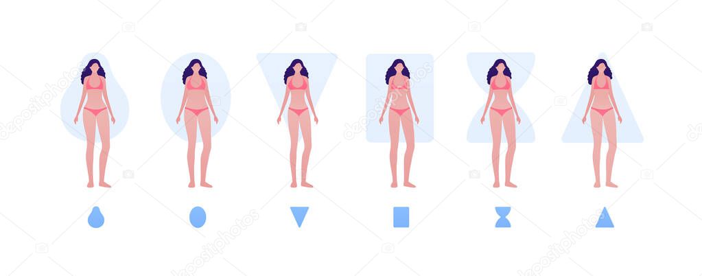 Female body type shape concept. Vector flat people illustration set. Collection of woman character in bikini underwear isolated on white. Design element for banner, inforgraphic, web.