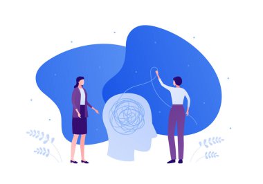 Psikoloji, psikoterapi ve psikiyatri danışmanlık konsepti. Vectop düz insan illüstrasyonu. Karmaşık iplikli insan kafası. Kadın doktor ve kadın hasta. Pankart ve bilgi grafiği için tasarım ögesi.