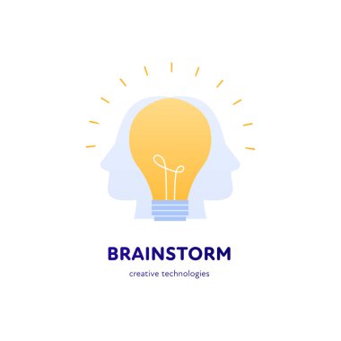 Yaratıcı iş ve beyin fırtınası konsepti. Vektör düz çizim. Kare kompozisyon afişi şablonu. Ampul fikri sembollü insan kafası. Pankart ve logotype için tasarım