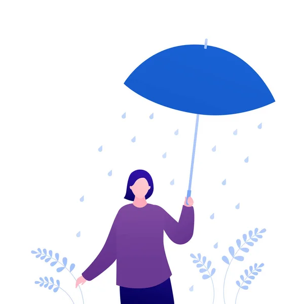 心理学 感情や季節の天気の概念 ベクトルフラット人イラスト 雨の下で傘一人で立っている女性の文字 精神療法の患者だ 精神衛生バナー ウェブ用のデザイン — ストックベクタ