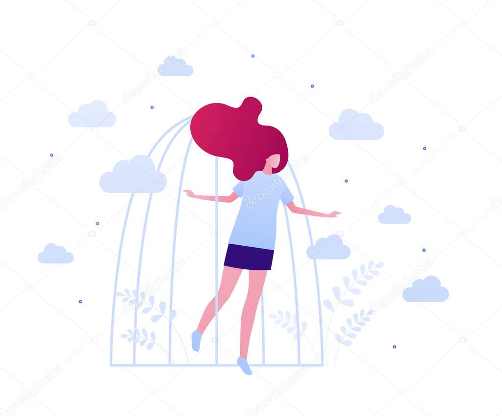Psychology, emotion and psychotherapy patient concept. Vector flat person illustration. Woman character going out from cage prison. Design for mental health and domestic abuse banner, web.