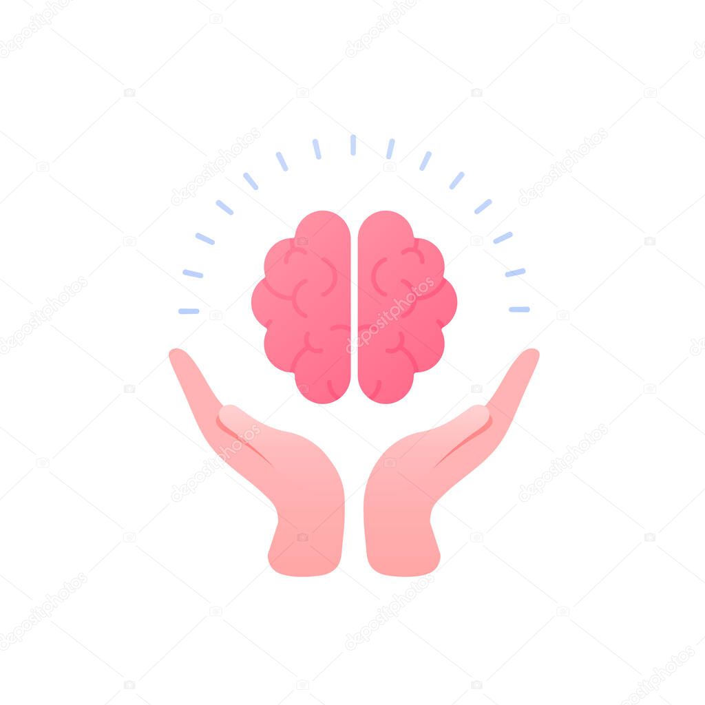 Psychology, emotion and psychotherapy concept. Vector flat illustration. Mental health treatment metaphore. Human hand hold human brain. Logotype template. Design for banner, web, logo.