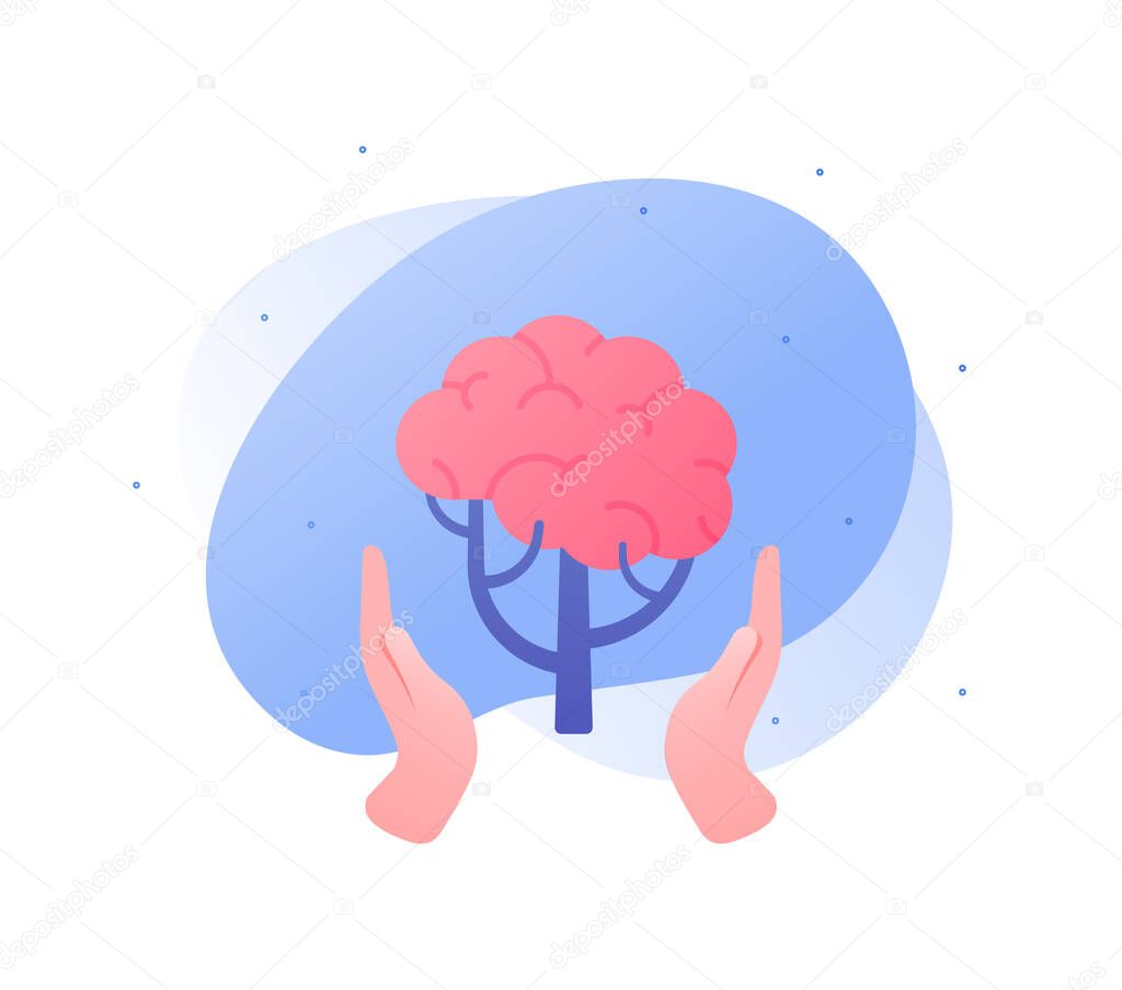 Psychology, emotion and psychotherapy concept. Vector flat illustration. Mental health treatment metaphore. Human hand hold human tree with brain symbol. Design for banner, web, logo.
