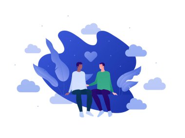 Aşk ilişkisi ve Igbt romantik randevu konsepti. Vektör düz kişi illüstrasyon seti. Çok ırklı karakterler. Oturan sevimli erkek çift. Kalp şeklinde bir işaret. Pankart için tasarım, Sevgililer Günü kartı.