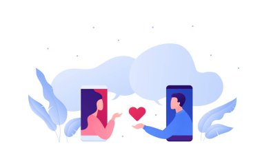İnternet uygulaması ve görecelik konsepti ile çıkmak. Vektör düz insan çizimi. Erkek telefon ekranında kadına kalp şeklinde bir eşleşme veriyor. Duyguları severim. Pankart ve web için tasarım ögesi.