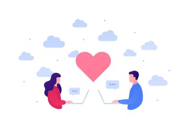 İnternet uygulaması ve ilişki konseptiyle çıkmak. Vektör düz insan çizimi. Kadın ve erkek dizüstü bilgisayarda oturuyor. Kalp şekli ve konuşma kabarcığı işareti. Duyguları severim. Pankart ve web için tasarım ögesi.