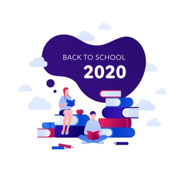 2020 'deki okula ve eğitim konseptine dönelim. Vektör düz insan çizimi. Bir çift kız ve oğlan okuyor. Çerçevede metin. Kitap, elma ve kalem işareti. Pankart, poster, ağ, bilgi grafiği için tasarım
