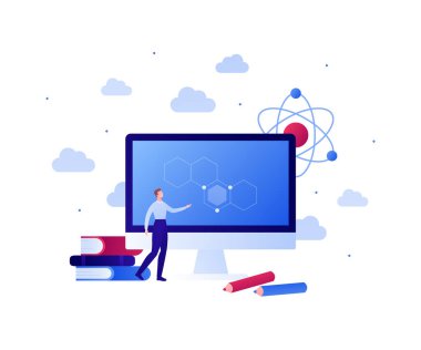Okula geri dönmek, online eğitim ve bilim konsepti. Vektör düz insan çizimi. Erkek karakter bilgisayar ekranında duruyor. Kitap, kalem ve atom sembolü. Pankart, ağ, bilgi grafiği için tasarım.
