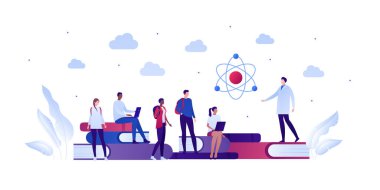 Okul eğitimine ve bilim konseptine geri dönelim. Vektör düz insan çizimi. Laboratuvar önlüklü bir grup çok ırklı öğrenci. Laptop, atom, kitap. Pankart, poster, ağ, bilgi grafiği için tasarım.