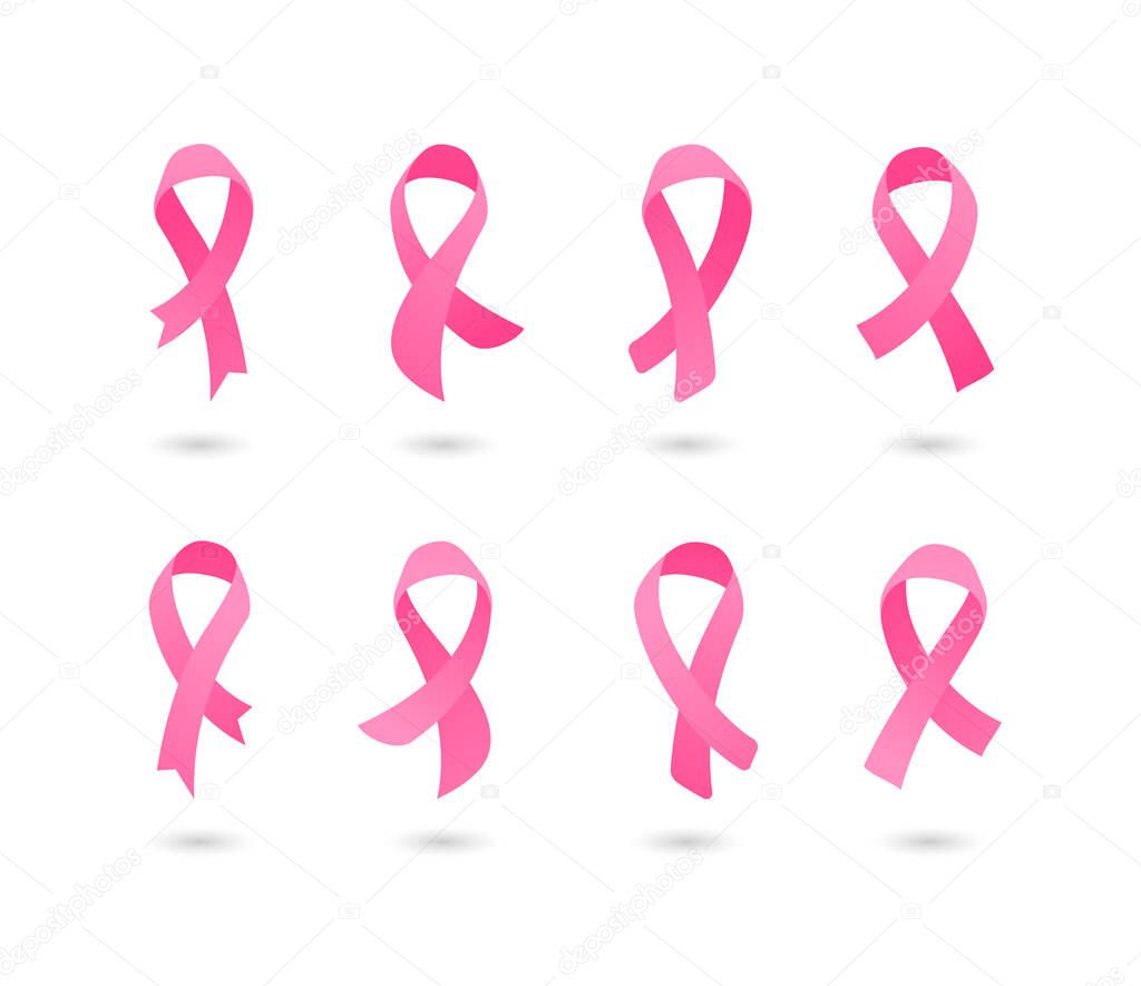 Breast cancer prevention concept. Vector flat illustration set. Collection of various pink ribbons sign for october cancer awareness month. Design element for healthcare banner, web, infographic, logo