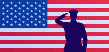 Gazi günü ve 4 Temmuz tatili konsepti. Vektör düz çizim. Erkek asker silueti Amerikan bayrağını selamlıyor. Ordu afişi için tasarım ögesi, ağ.