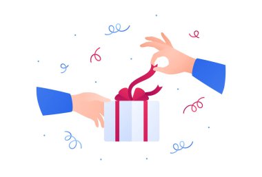 Hediye kutusu açma konsepti. Vektör düz çizim. İnsan eli hediye kutusunda kurdeleyi çözer. Konfeti işareti. Kart, satış afişi, bonus program web kartı için tasarım ögesi.