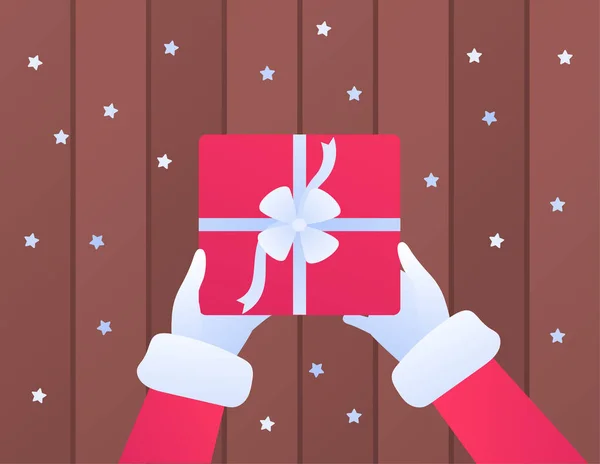 クリスマスと新年のギフトの概念 ベクトルフラットイラスト 雪と木製の背景に白いリボン弓と赤いギフトボックスを保持サンタクラスの手 バナー ポスター ウェブホリデーセールのためのデザイン — ストックベクタ