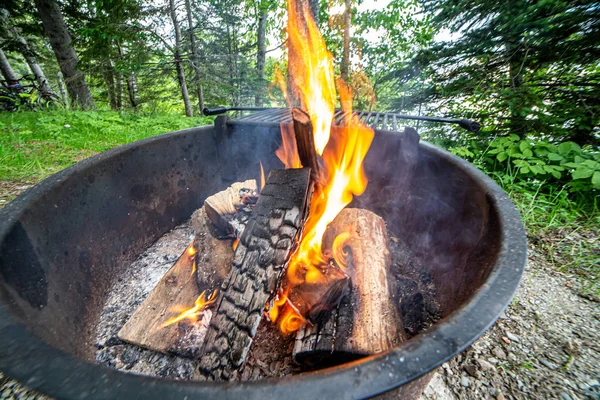 Fosa de fuego con troncos y llamas elevándose — Foto de Stock