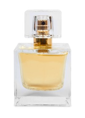 Beyaz arka plan üzerinde izole altın parfüm şişesi.