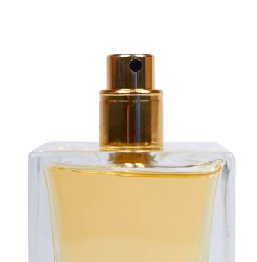 Beyaz arka plan üzerinde izole altın parfüm şişesi.