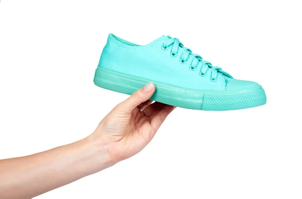 Baskets Caoutchouc Turquoise Avec Main Chaussures Décontractées Isolées Sur Fond — Photo